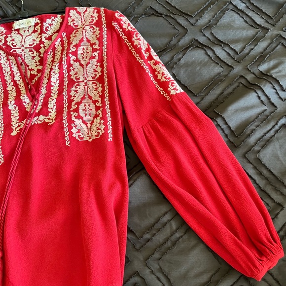 "SUGAR + LIPS".  Rich Cherry Red Tunic with  Cream Embroidery - Picture 4 of 5